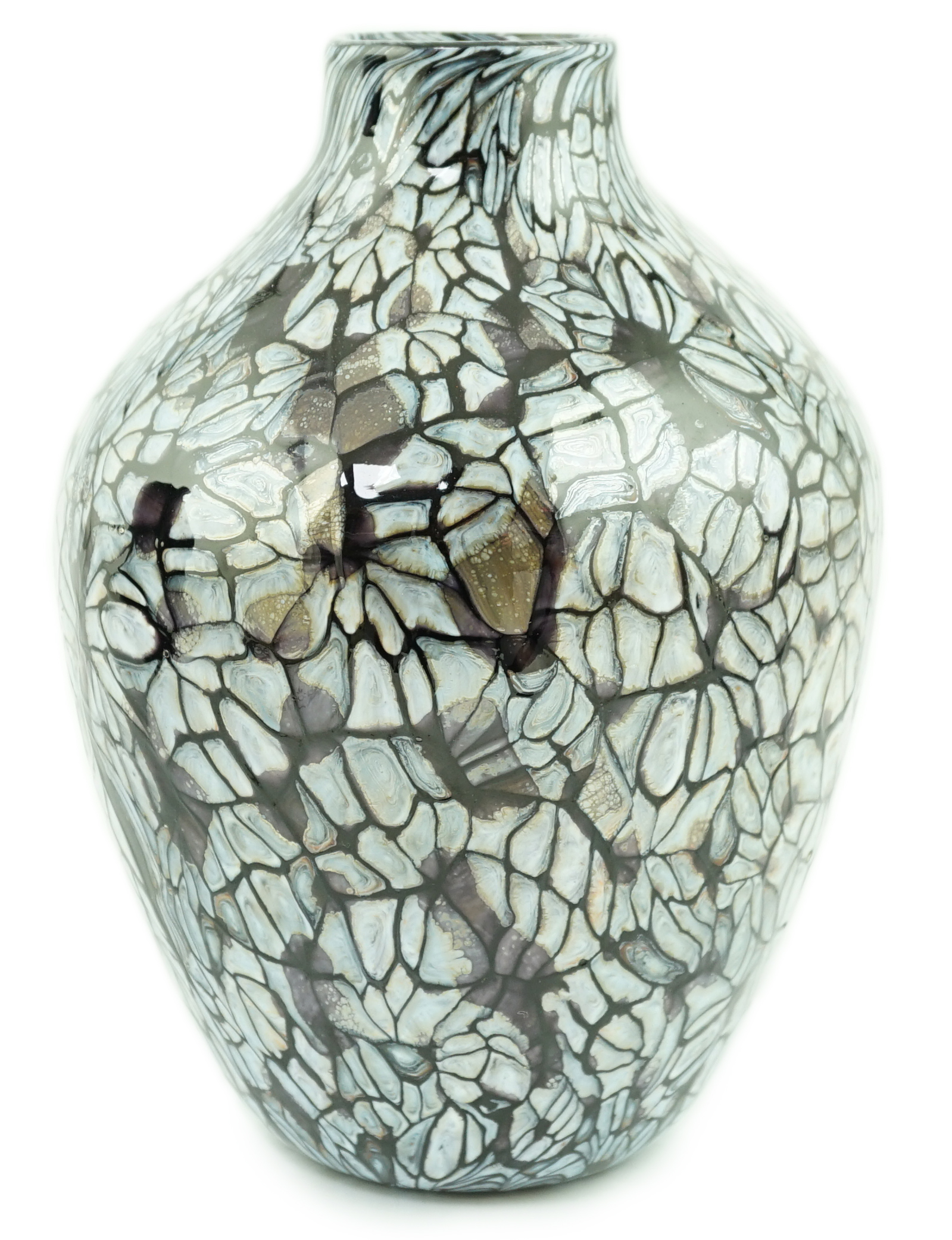 Vittorio Ferro (1932-2012) A Murano glass Murrine vase, ovoid shaped, with a pale blue and brown foliate design, unsigned, 23cm, Please note this lot attracts an additional import tax of 20% on the hammer price